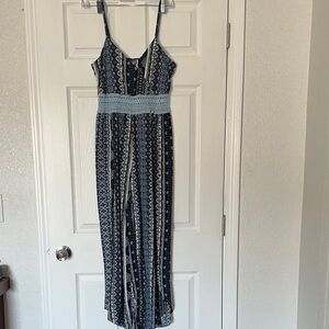 Elegant Blue Patterned Maxi Pant Romper